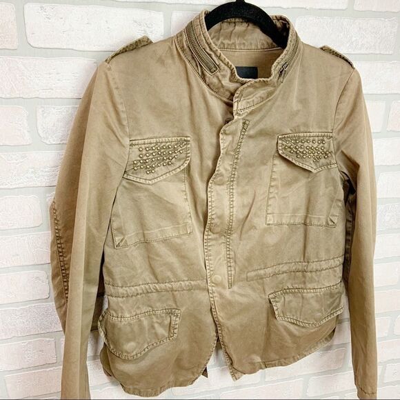 Zara Studded Olive Cargo Military Style Jacket - Picture 7 of 9